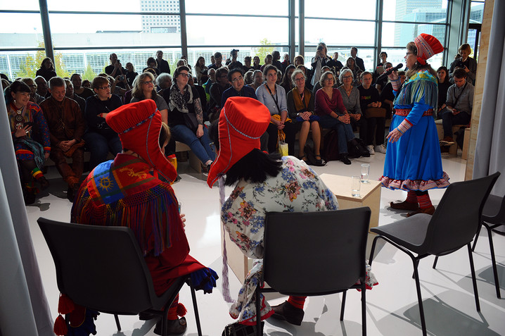 Stage 2 in the guest of honour pavilion. from the left inga ravna eira, biret risten sara and karen anne buljo photo sabine felber. norla